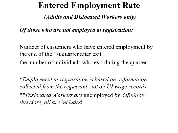 Entered Employment Rate (Adults and Dislocated Workers only) Of those who are not employed