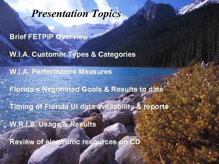 Presentation Topics Brief FETPIP Overview W. I. A. Customer Types & Categories W. I.