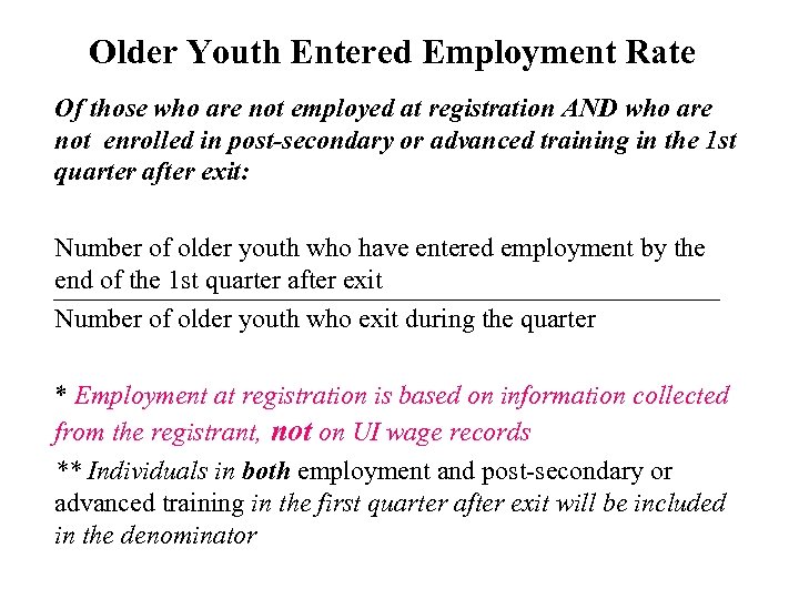 Older Youth Entered Employment Rate Of those who are not employed at registration AND