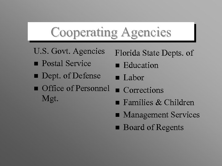 Cooperating Agencies U. S. Govt. Agencies Florida State Depts. of n Postal Service n