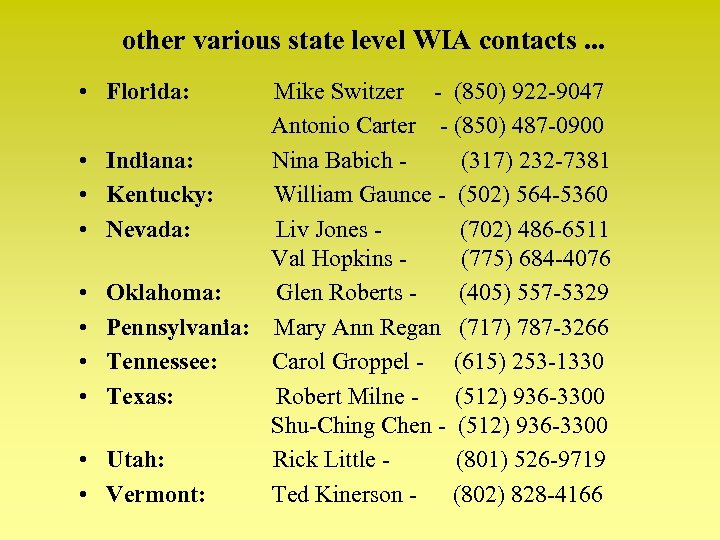 other various state level WIA contacts. . . • Florida: Mike Switzer - (850)