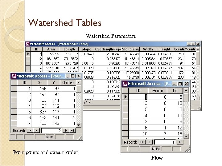 Watershed Tables Watershed Parameters Pour-points and stream order Flow 