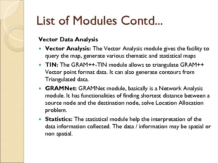 List of Modules Contd. . . Vector Data Analysis Vector Analysis: The Vector Analysis