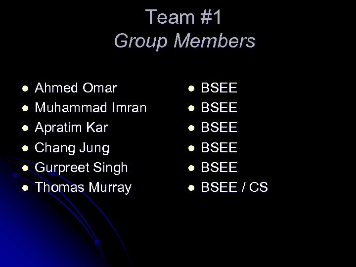 Team #1 Group Members l l l Ahmed Omar Muhammad Imran Apratim Kar Chang