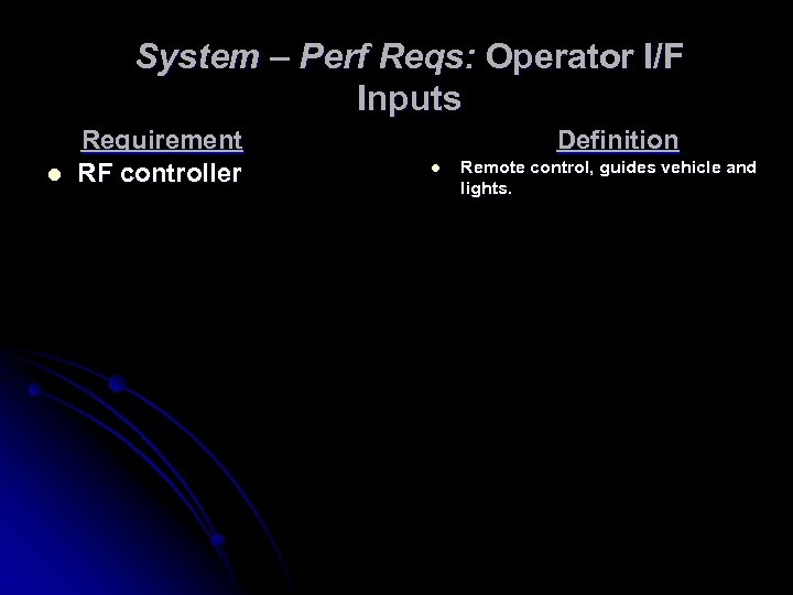System – Perf Reqs: Operator I/F Inputs l Requirement RF controller Definition l Remote
