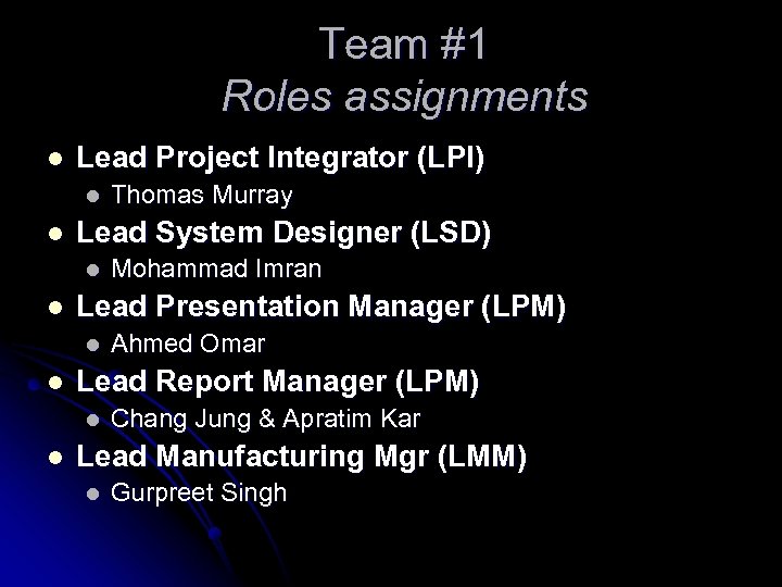 Team #1 Roles assignments l Lead Project Integrator (LPI) l l Lead System Designer