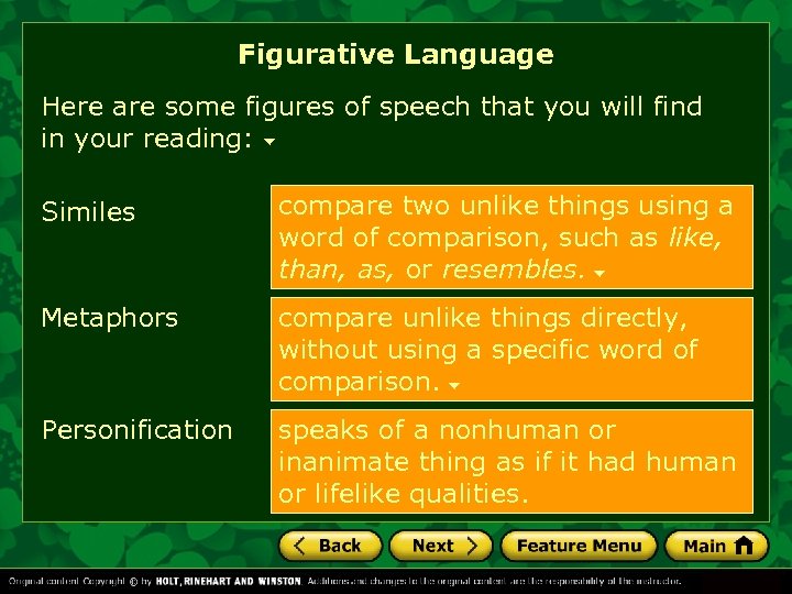 Figurative Language Here are some figures of speech that you will find in your