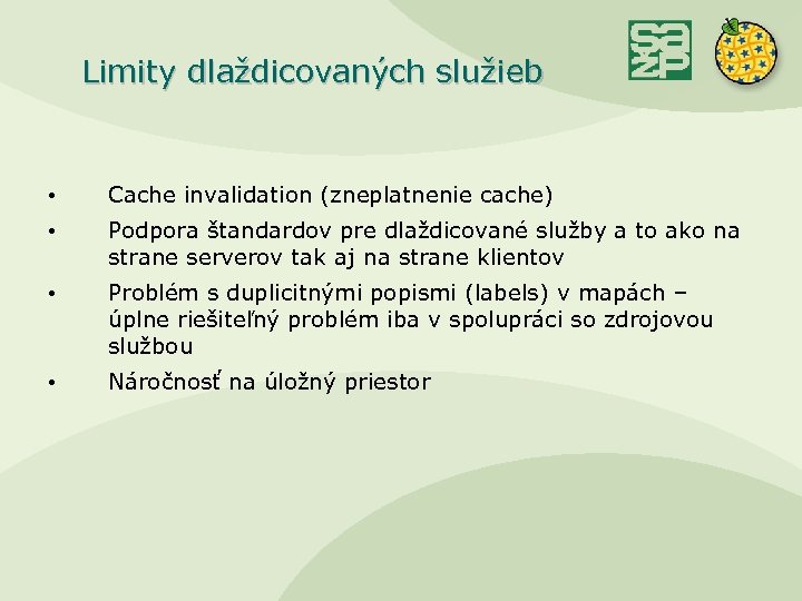 Limity dlaždicovaných služieb • Cache invalidation (zneplatnenie cache) • Podpora štandardov pre dlaždicované služby