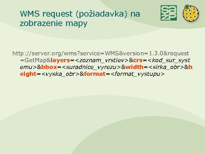 WMS request (požiadavka) na zobrazenie mapy http: //server. org/wms? service=WMS&version=1. 3. 0&request =Get. Map&layers=<zoznam_vrstiev>&crs=<kod_sur_syst