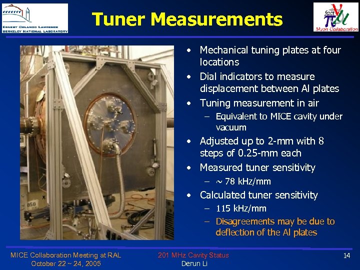 Tuner Measurements • Mechanical tuning plates at four locations • Dial indicators to measure