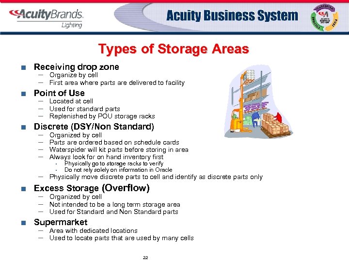 Types of Storage Areas ¢ ¢ ¢ Receiving drop zone – Organize by cell