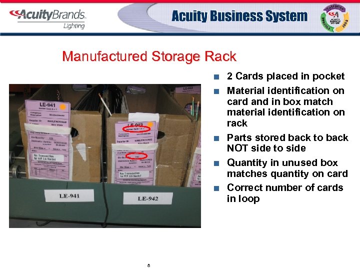 Manufactured Storage Rack ¢ ¢ ¢ 8 2 Cards placed in pocket Material identification