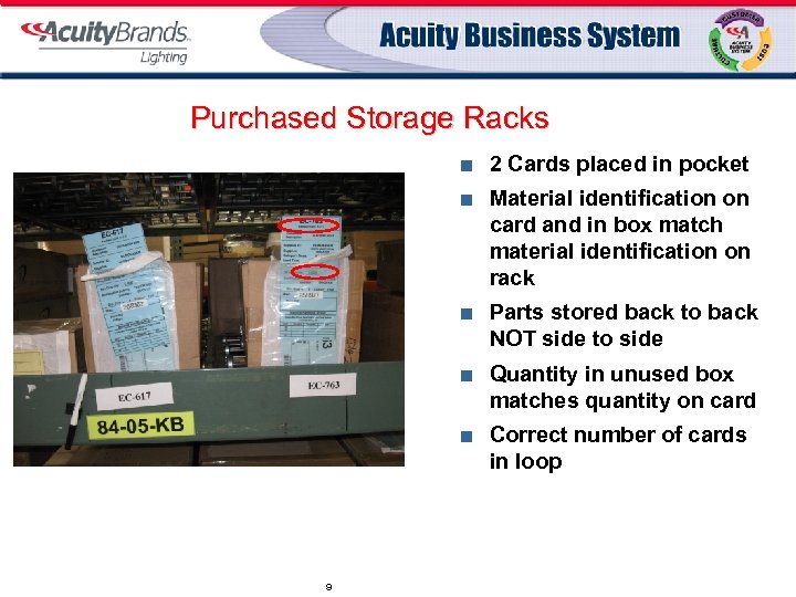 Purchased Storage Racks ¢ ¢ Material identification on card and in box match material