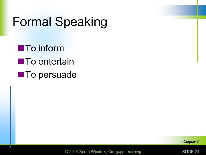 Formal Speaking n To inform n To entertain n To persuade Chapter 4 ©