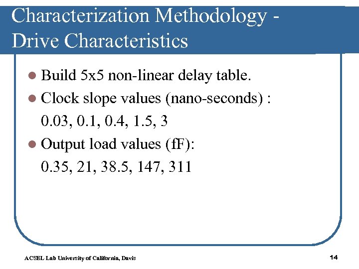 Characterization Methodology Drive Characteristics l Build 5 x 5 non-linear delay table. l Clock