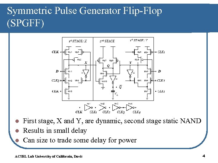 Symmetric Pulse Generator Flip-Flop (SPGFF) First stage, X and Y, are dynamic, second stage