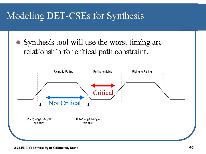 Modeling DET-CSEs for Synthesis l Synthesis tool will use the worst timing arc relationship