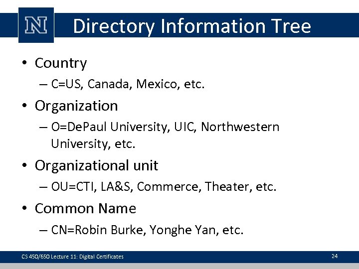 Directory Information Tree • Country – C=US, Canada, Mexico, etc. • Organization – O=De.