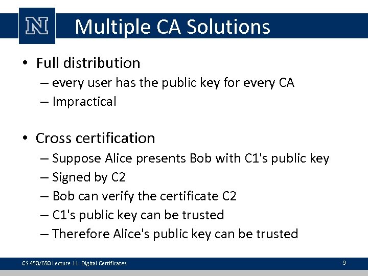 Multiple CA Solutions • Full distribution – every user has the public key for