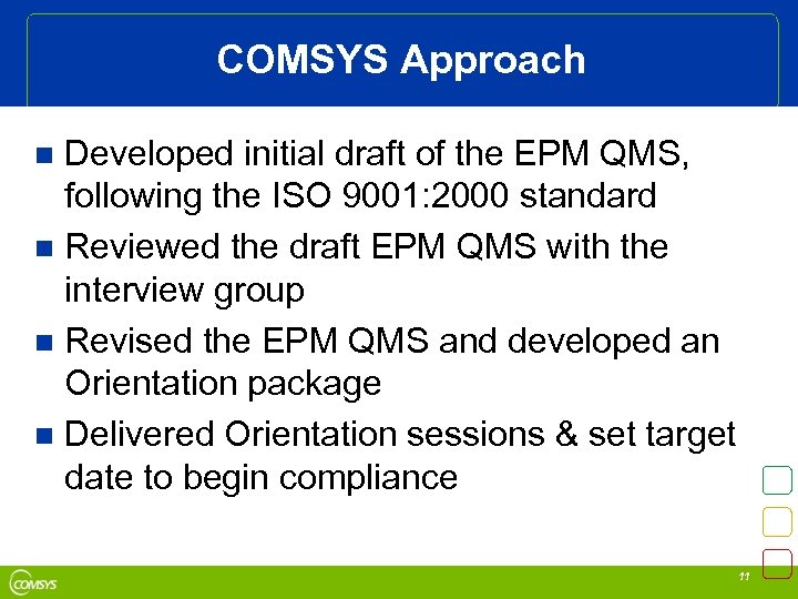 COMSYS Approach Developed initial draft of the EPM QMS, following the ISO 9001: 2000