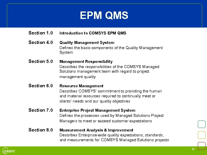 EPM QMS Section 1. 0 Introduction to COMSYS EPM QMS Section 4. 0 Quality