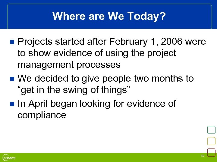 Where are We Today? Projects started after February 1, 2006 were to show evidence