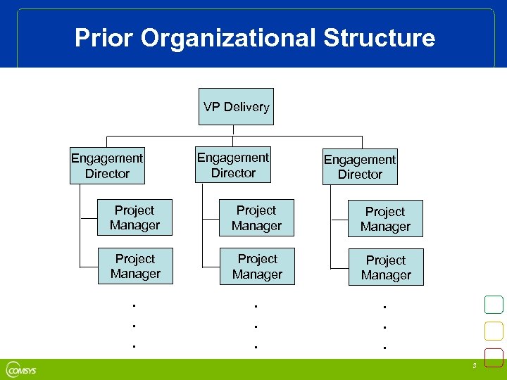 Prior Organizational Structure VP Delivery Engagement Director Project Manager Project Manager . . 3