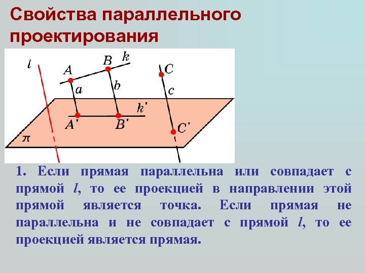 Свойства параллельного проектирования 1. Если прямая параллельна или совпадает с прямой l, то ее