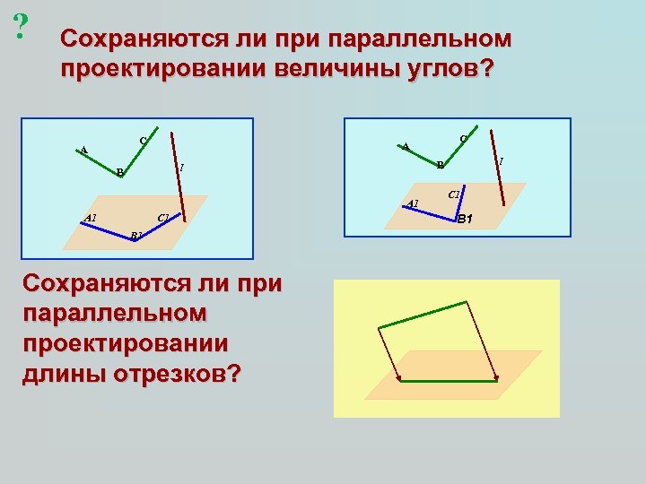 ? Сохраняются ли при параллельном проектировании величины углов? C A A 1 C 1