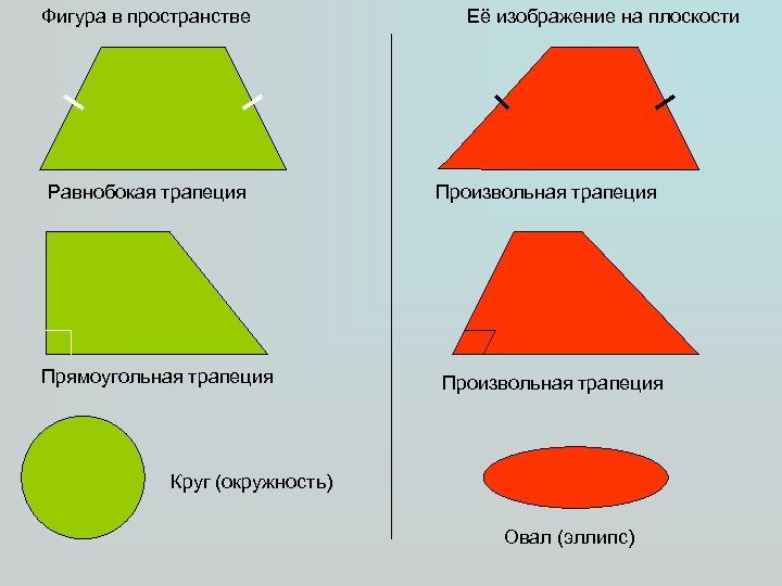 Фигура в пространстве Равнобокая трапеция Прямоугольная трапеция Её изображение на плоскости Произвольная трапеция Круг