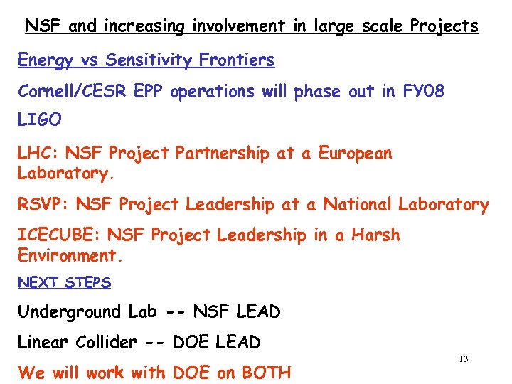 NSF and increasing involvement in large scale Projects Energy vs Sensitivity Frontiers Cornell/CESR EPP