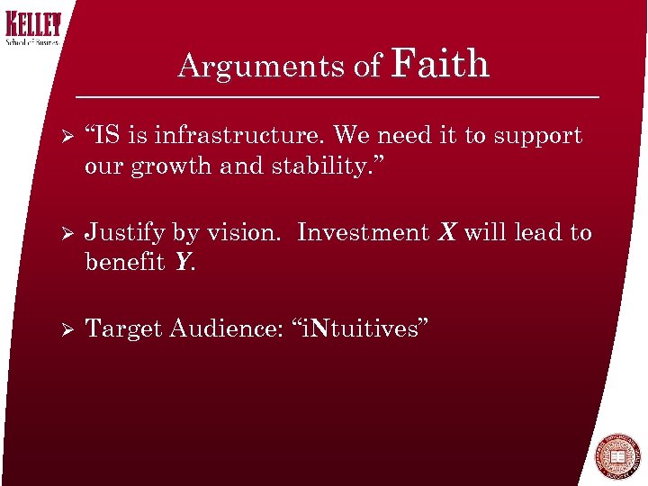 Arguments of Faith Ø “IS is infrastructure. We need it to support our growth