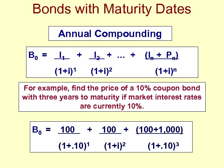 Bonds with Maturity Dates Annual Compounding B 0 = I 1 + I 2