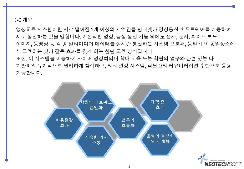 1 -2 개요 영상교육 시스템이란 서로 떨어진 2개 이상의 지역간을 인터넷과 영상통신 소프트웨어를 이용하여