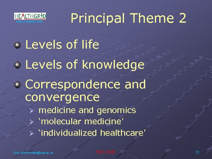 HEALTHGRID. ORG Principal Theme 2 Levels of life Levels of knowledge Correspondence and convergence