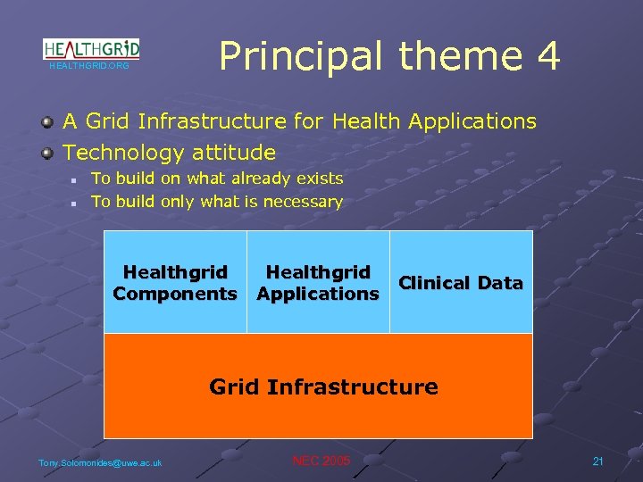 HEALTHGRID. ORG Principal theme 4 A Grid Infrastructure for Health Applications Technology attitude n