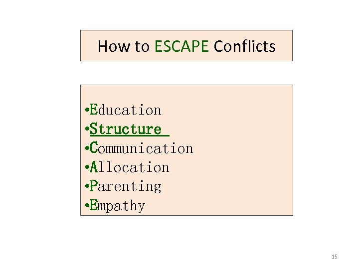 How to ESCAPE Conflicts • Education • Structure • Communication • Allocation • Parenting