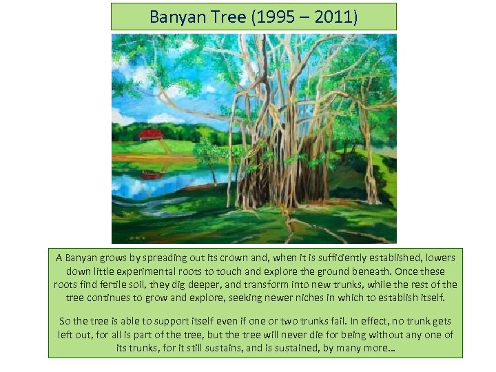 Banyan Tree (1995 – 2011) A Banyan grows by spreading out its crown and,