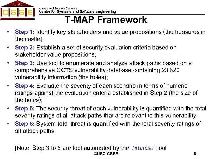 University of Southern California Center for Systems and Software Engineering T-MAP Framework • Step