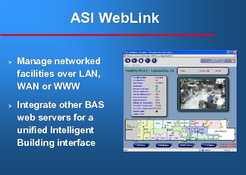 ASI Web. Link Ø Ø Manage networked facilities over LAN, WAN or WWW Integrate