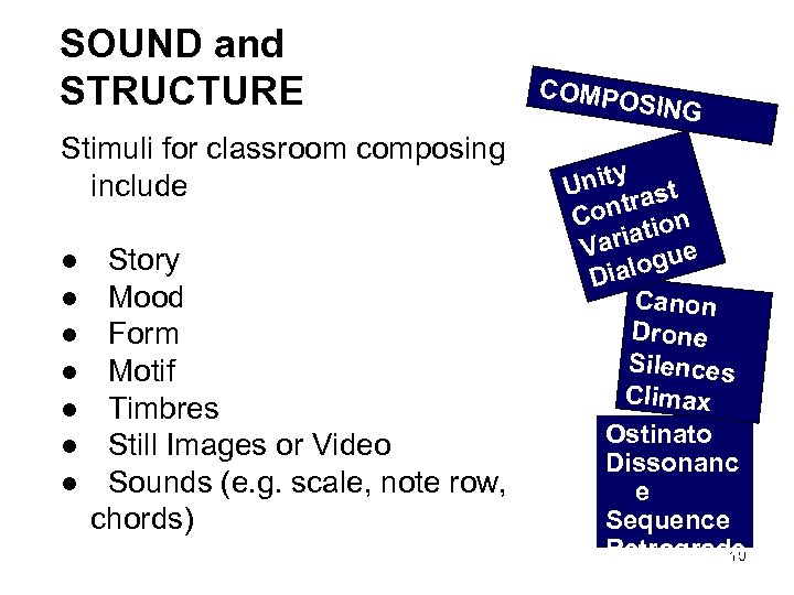 SOUND and STRUCTURE Stimuli for classroom composing include l l l l Story Mood