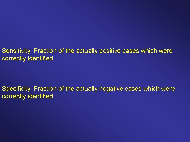 Sensitivity: Fraction of the actually positive cases which were correctly identified Specificity: Fraction of