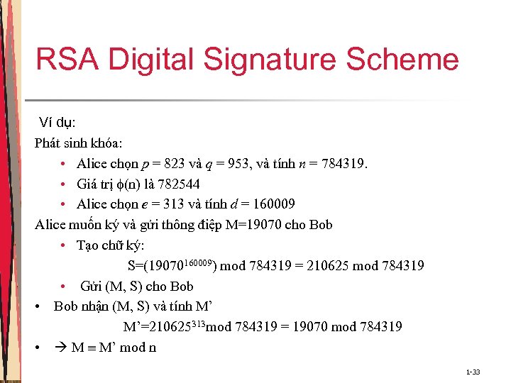 RSA Digital Signature Scheme Ví dụ: Phát sinh khóa: • Alice chọn p =