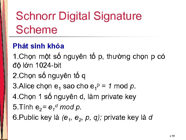 Schnorr Digital Signature Scheme Phát sinh khóa 1. Chọn một số nguyên tố p,