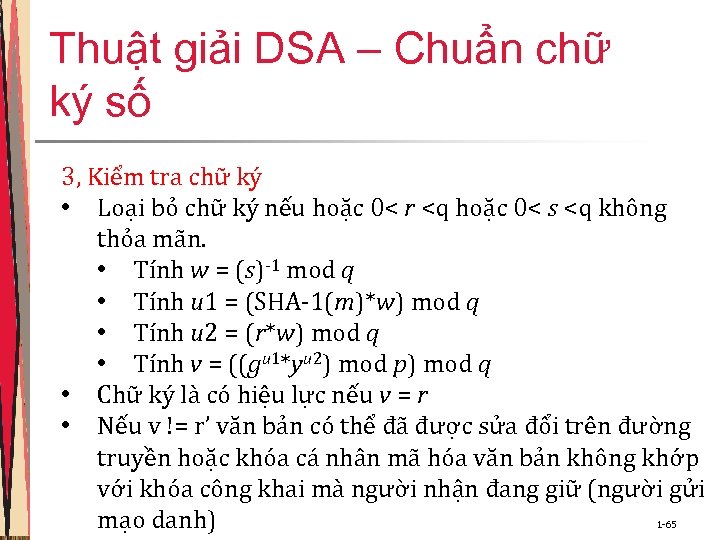 Thuật giải DSA – Chuẩn chữ ký số 3, Kiểm tra chữ ký •