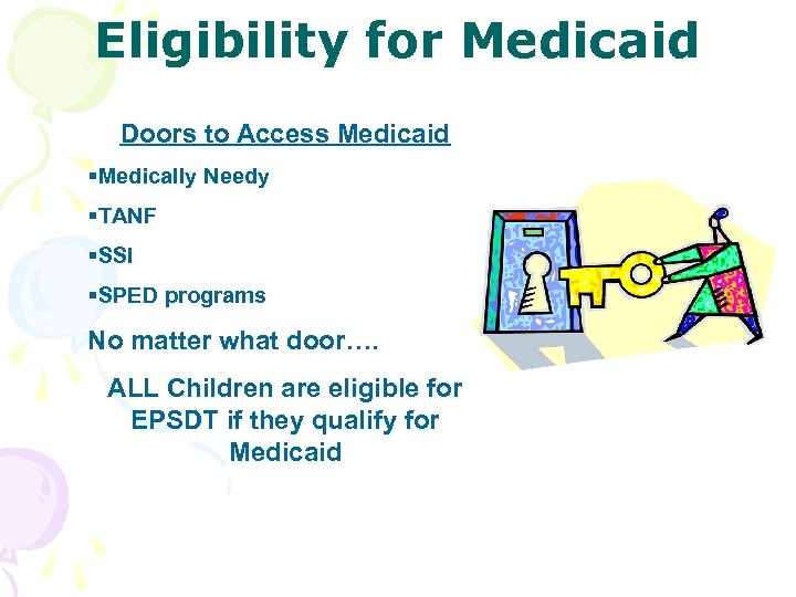 Eligibility for Medicaid Doors to Access Medicaid §Medically Needy §TANF §SSI §SPED programs No