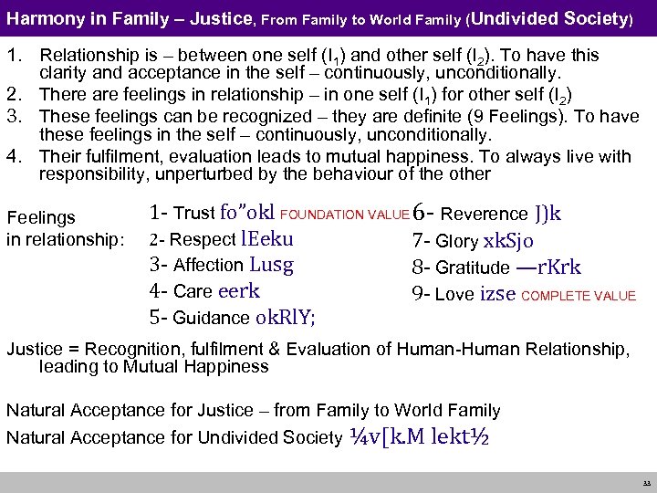 Harmony in Family – Justice, From Family to World Family (Undivided Society) 1. Relationship