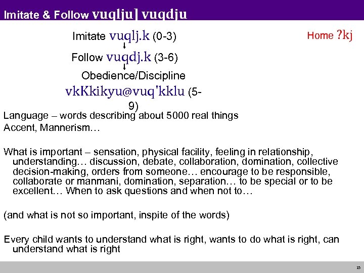 Imitate & Follow vuqlju] vuqdju Imitate vuqlj. k (0 -3) Home ? kj Follow