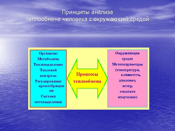 Принципы анализа теплообмена человека с окружающей средой Организм: Метаболизм Тепловыделение Тепловой контроль Регулирование кровообращен