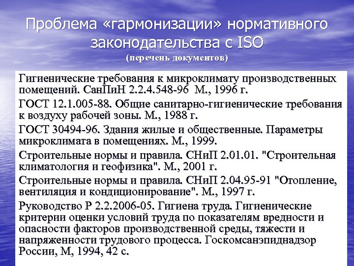 Проблема «гармонизации» нормативного законодательства с ISO (перечень документов) Гигиенические требования к микроклимату производственных помещений.